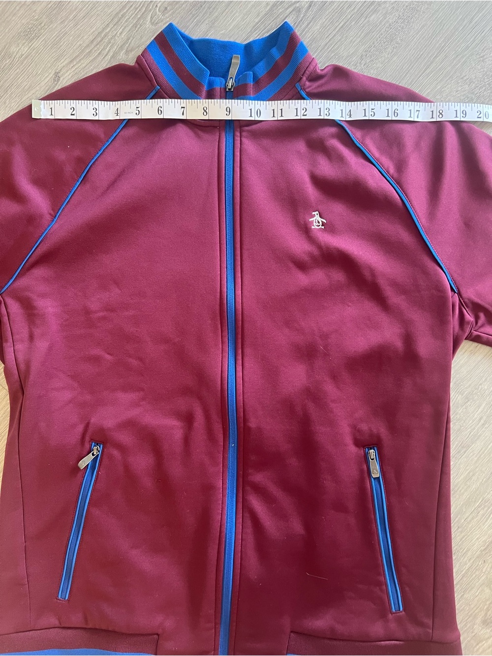 Original Penguin Burgundy Bomber Jacket | Men’s Zip-Up Jacket with Blue Trim - Picture 7 of 9